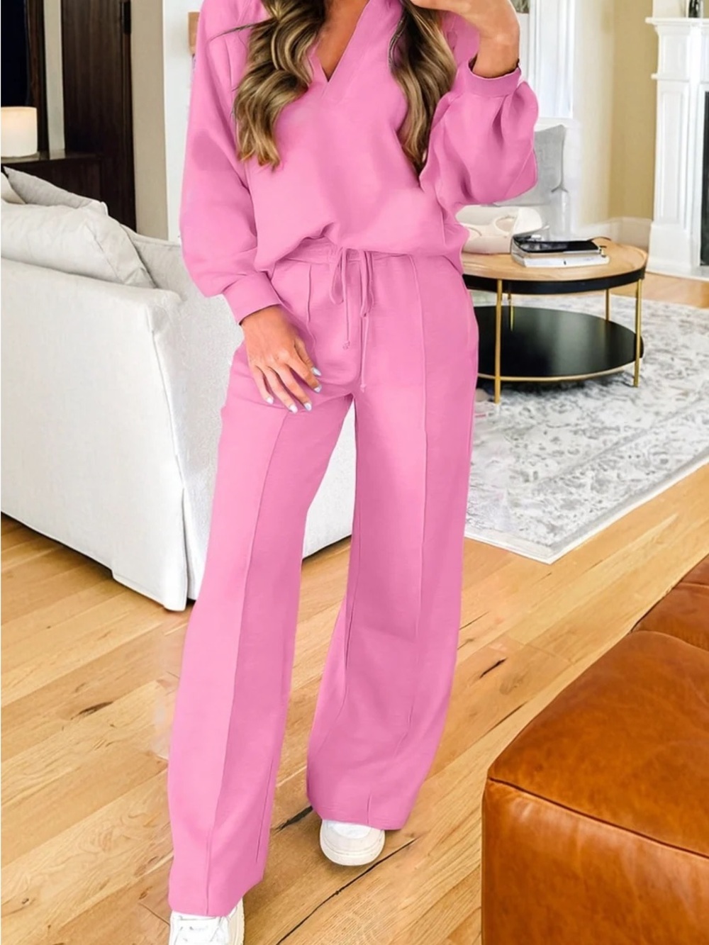 Women's 2-Piece Sweatsuit Set | Sweatshirt + Wide-Leg Drawstring Pants - Pink XL